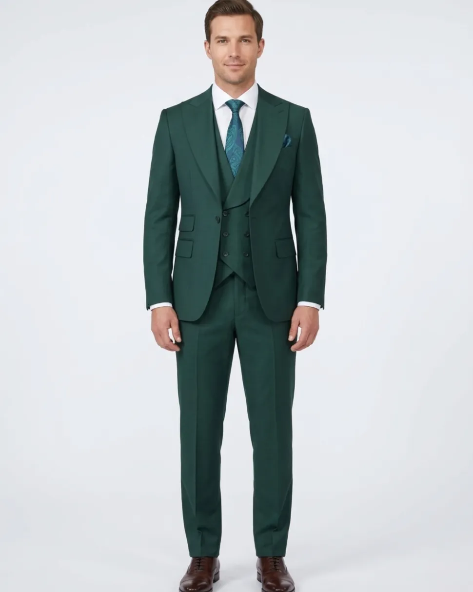 Alberto Nardoni Solid hunter Green 100% Wool 1 Button 3 Piece Regular Fit Suit