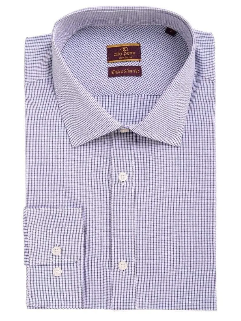 Alfa Perry Men's Extra-Slim Fit Blue Mini Check Spread Collar Cotton Dress Shirt