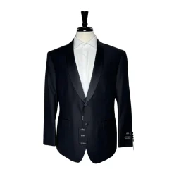 Angelo Rossi Mens Solid Black Satin Shawl Lapel Classic Fit 2-Button Tuxedo - 46S