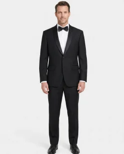 Angelo Rossi Mens Solid Black Satin Shawl Lapel Classic Fit 2-Button Tuxedo - 44S