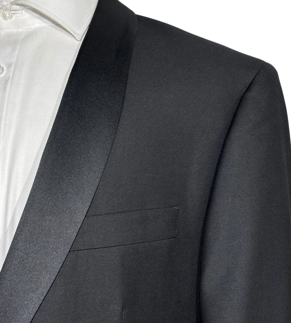 Angelo Rossi Mens Solid Black Satin Shawl Lapel Classic Fit 2-Button Tuxedo - 38R