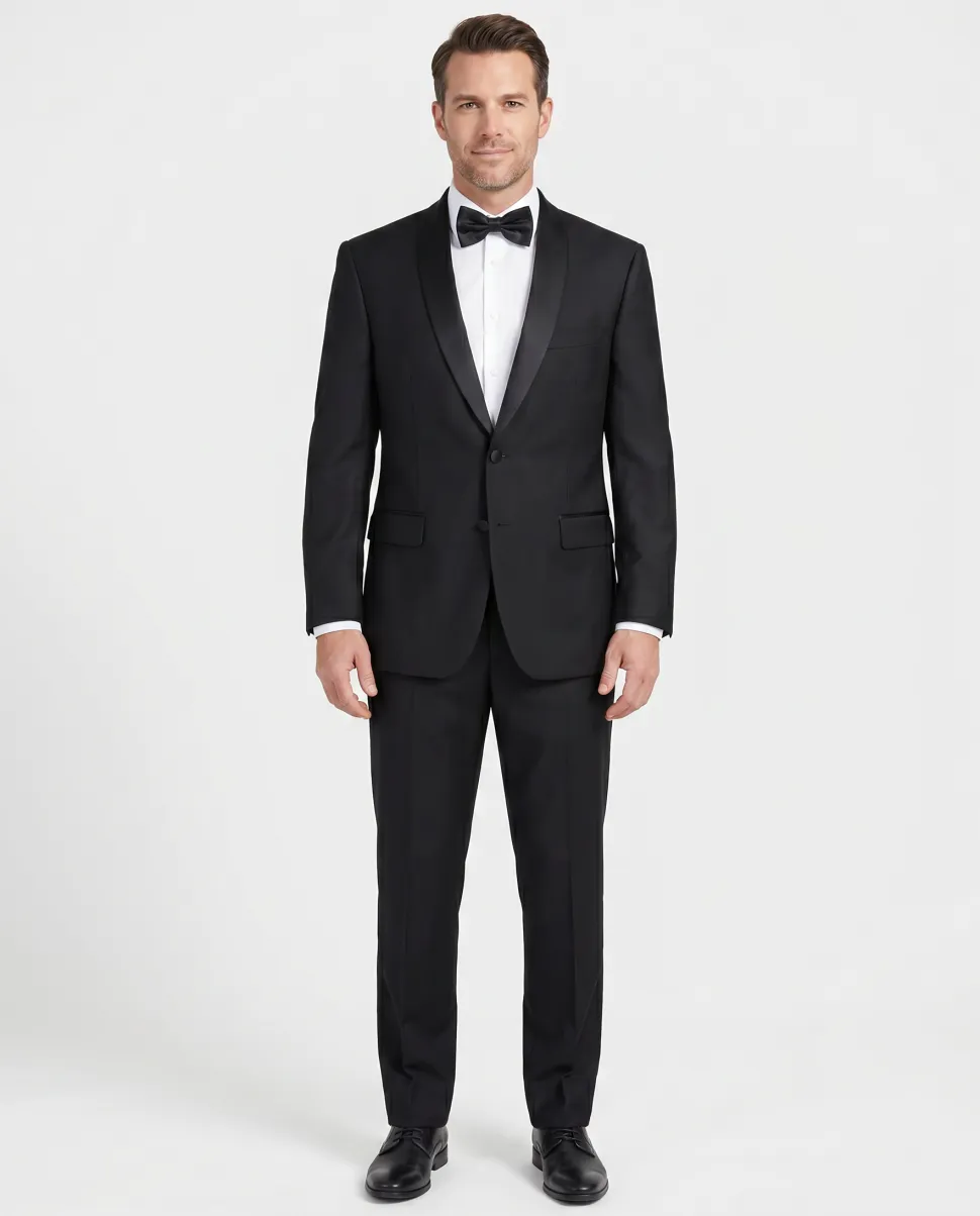 Angelo Rossi Mens Solid Black Satin Shawl Lapel Classic Fit 2-Button Tuxedo - 38R