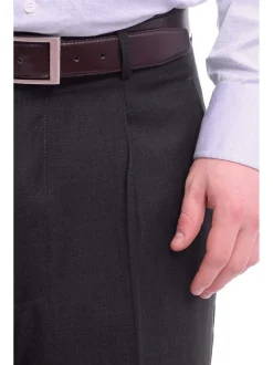 Apollo King Classic Fit Solid Charcoal Single Pleated Wide Leg Wool Dress Pants