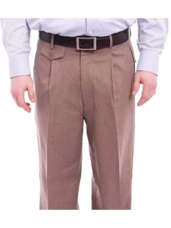 Apollo King Classic Fit Solid Taupe Single Pleated Wide Leg Wool Dress Pants