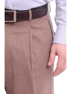 Apollo King Classic Fit Solid Taupe Single Pleated Wide Leg Wool Dress Pants