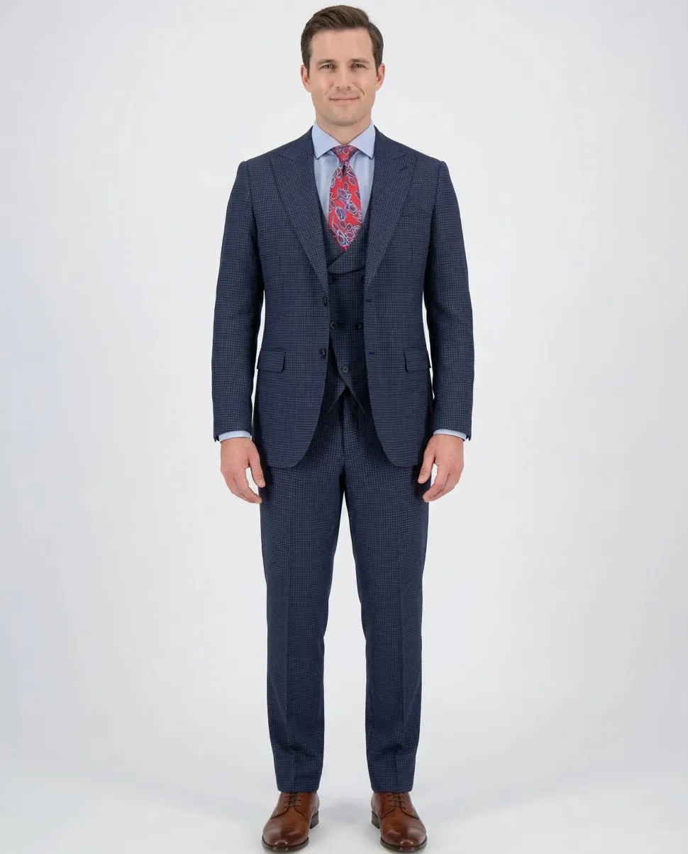 Apollo King Mens Blue Check Regular Fit 100% Wool 3 Piece Suit With Peak Lapels
