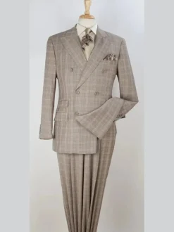 Apollo King Mens Brown Plaid Classic Fit 100% Wool Double Breasted 3 Piece Suit