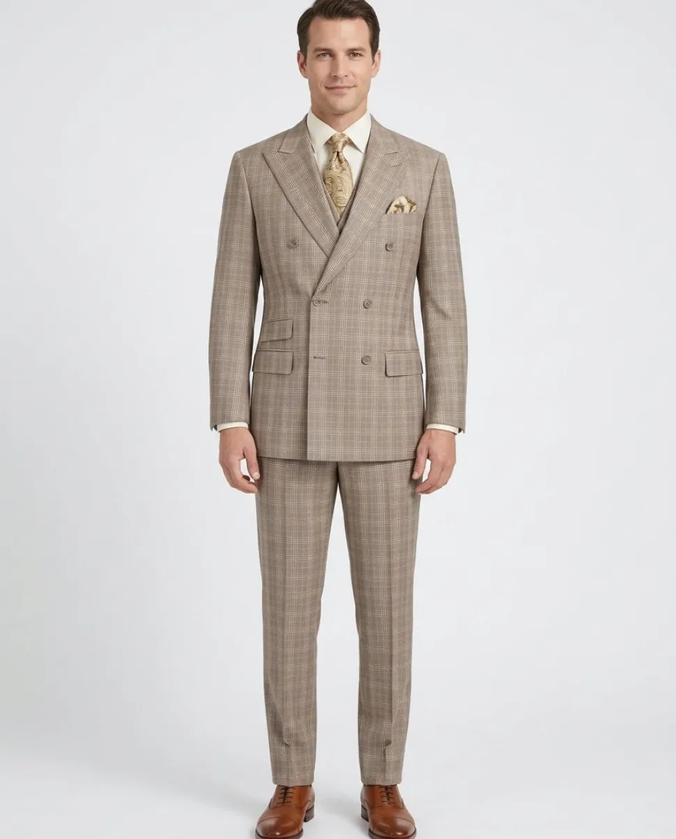Apollo King Mens Brown Plaid Classic Fit 100% Wool Double Breasted 3 Piece Suit