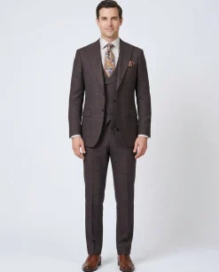 Apollo King Mens Brown Plaid Regular Fit 100% Wool 3 Piece Suit With Peak Lapels