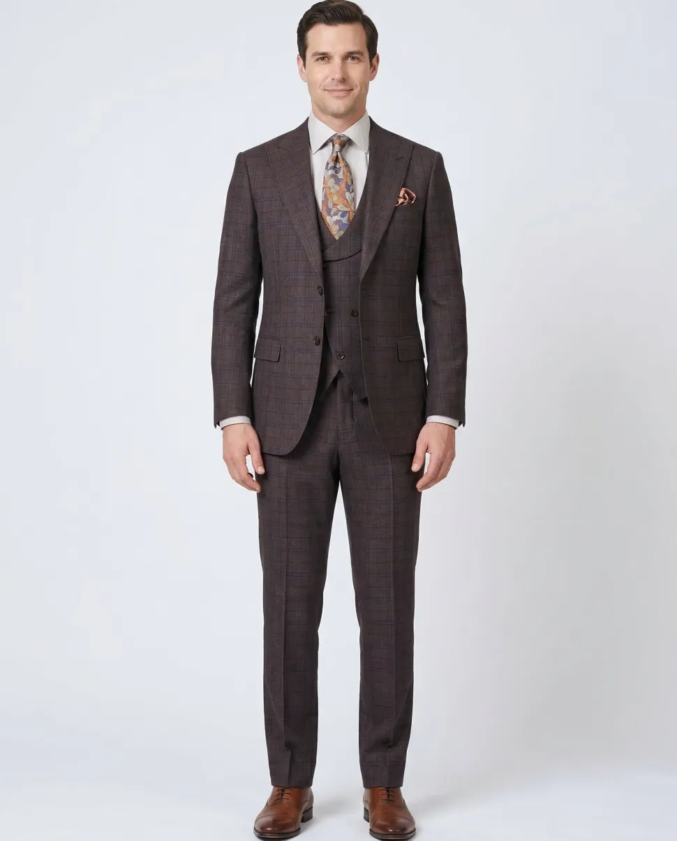 Apollo King Mens Brown Plaid Regular Fit 100% Wool 3 Piece Suit With Peak Lapels