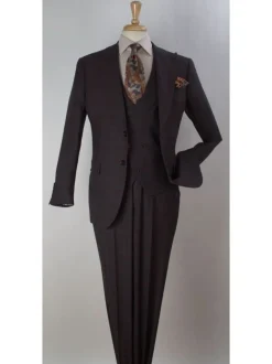 Apollo King Mens Brown Plaid Regular Fit 100% Wool 3 Piece Suit With Peak Lapels