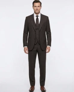 Apollo King Mens Brown Windowpane Classic Fit Peak Lapel Wool 3 Piece Suit