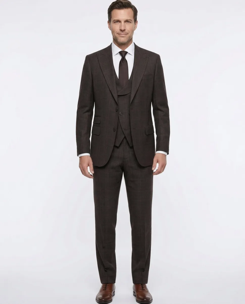 Apollo King Mens Brown Windowpane Classic Fit Peak Lapel Wool 3 Piece Suit
