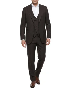 Apollo King Mens Brown Windowpane Classic Fit Peak Lapel Wool 3 Piece Suit