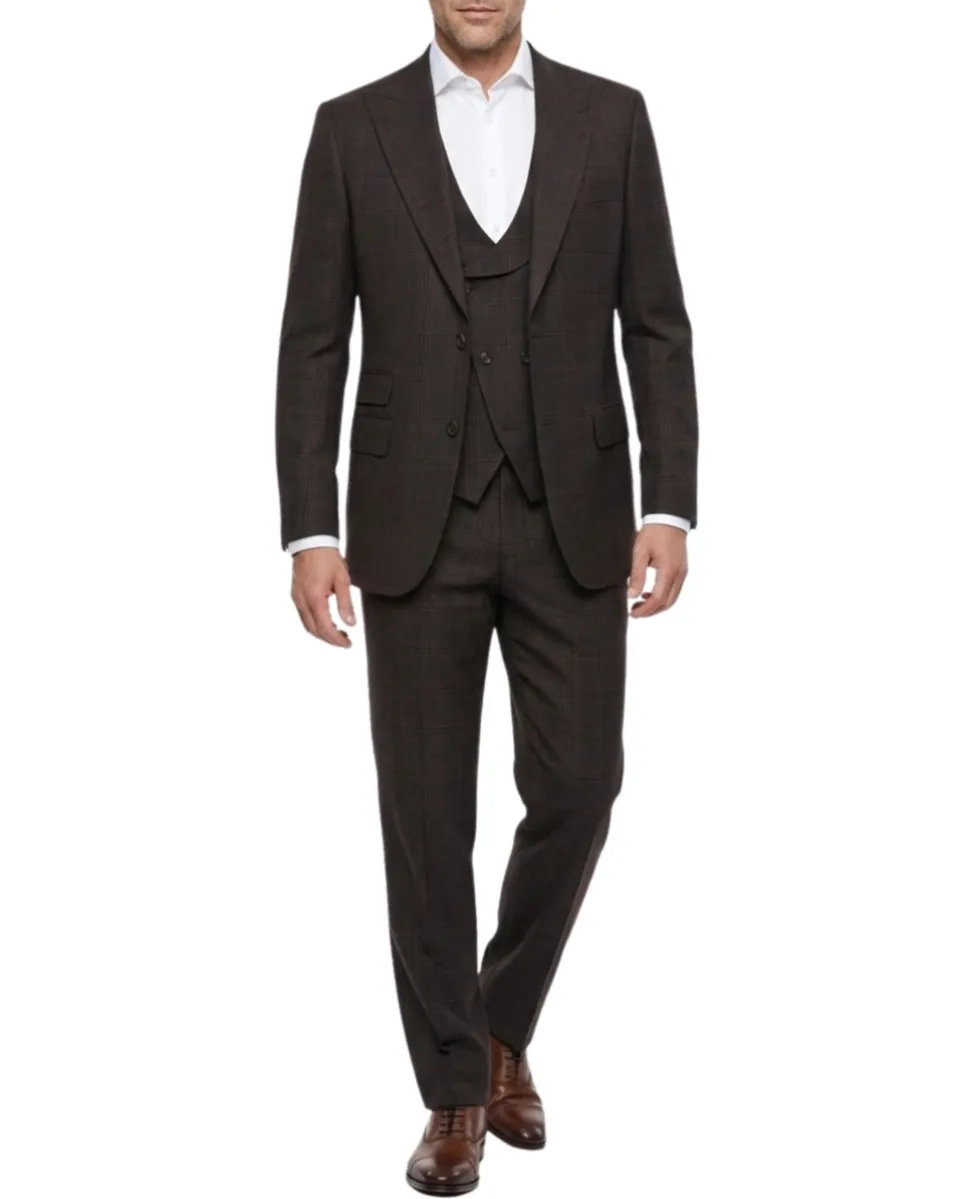 Apollo King Mens Brown Windowpane Classic Fit Peak Lapel Wool 3 Piece Suit