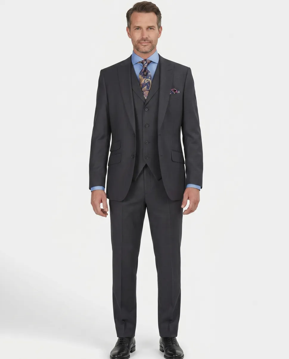 Apollo King Mens Charcoal Striped Peak Lapel Classic Fit 3-Piece Wool Suit