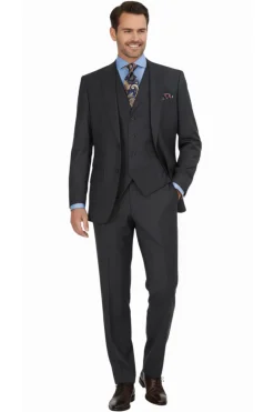 Apollo King Mens Charcoal Striped Peak Lapel Classic Fit 3-Piece Wool Suit