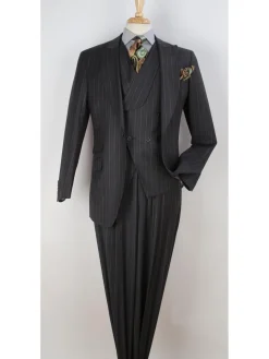 Apollo King Mens Classic Fit Charcoal Gray Striped 100% Wool 3 Piece Suit