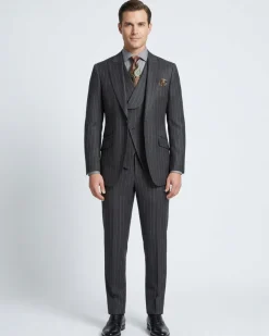 Apollo King Mens Classic Fit Charcoal Gray Striped 100% Wool 3 Piece Suit