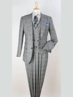 Apollo King Mens Classic Fit Gray Plaid 3 Piece 100% Wool Suit With Peak Lapels