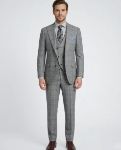 Apollo King Mens Classic Fit Gray Plaid 3 Piece 100% Wool Suit With Peak Lapels