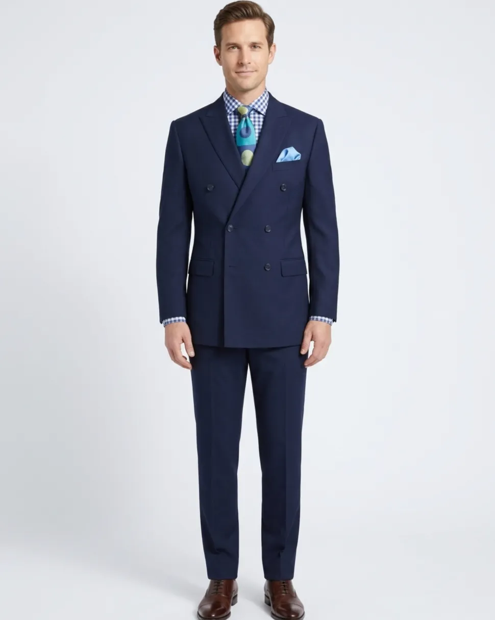 Apollo King Mens Classic Fit Navy Blue Double Breasted 100% Wool 3 Piece Suit