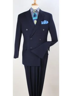Apollo King Mens Classic Fit Navy Blue Double Breasted 100% Wool 3 Piece Suit