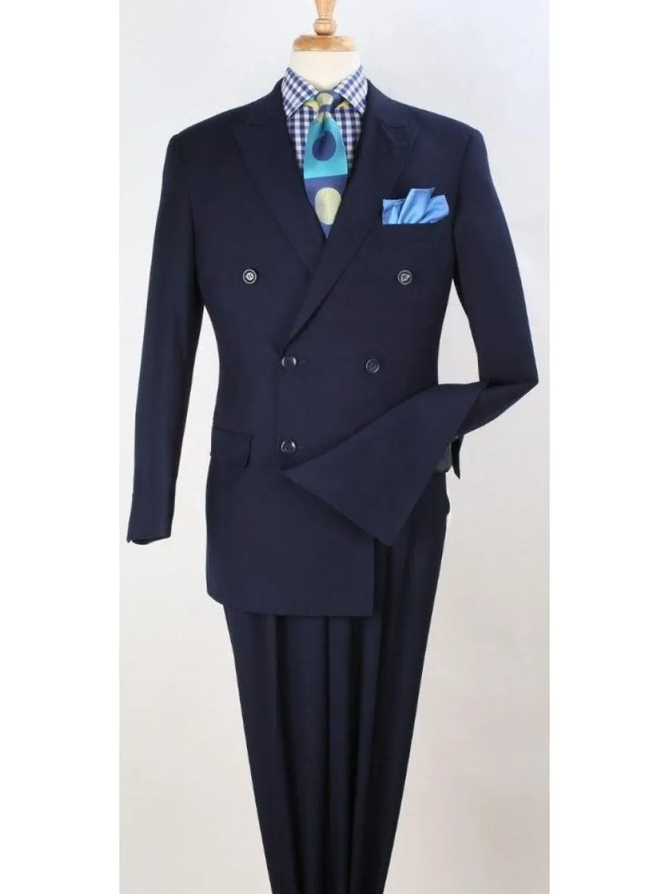 Apollo King Mens Classic Fit Navy Blue Double Breasted 100% Wool 3 Piece Suit