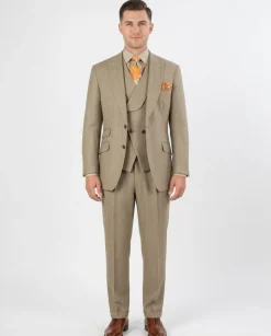 Apollo King Mens Classic Fit Tan Check 100% Wool 3 Piece Suit