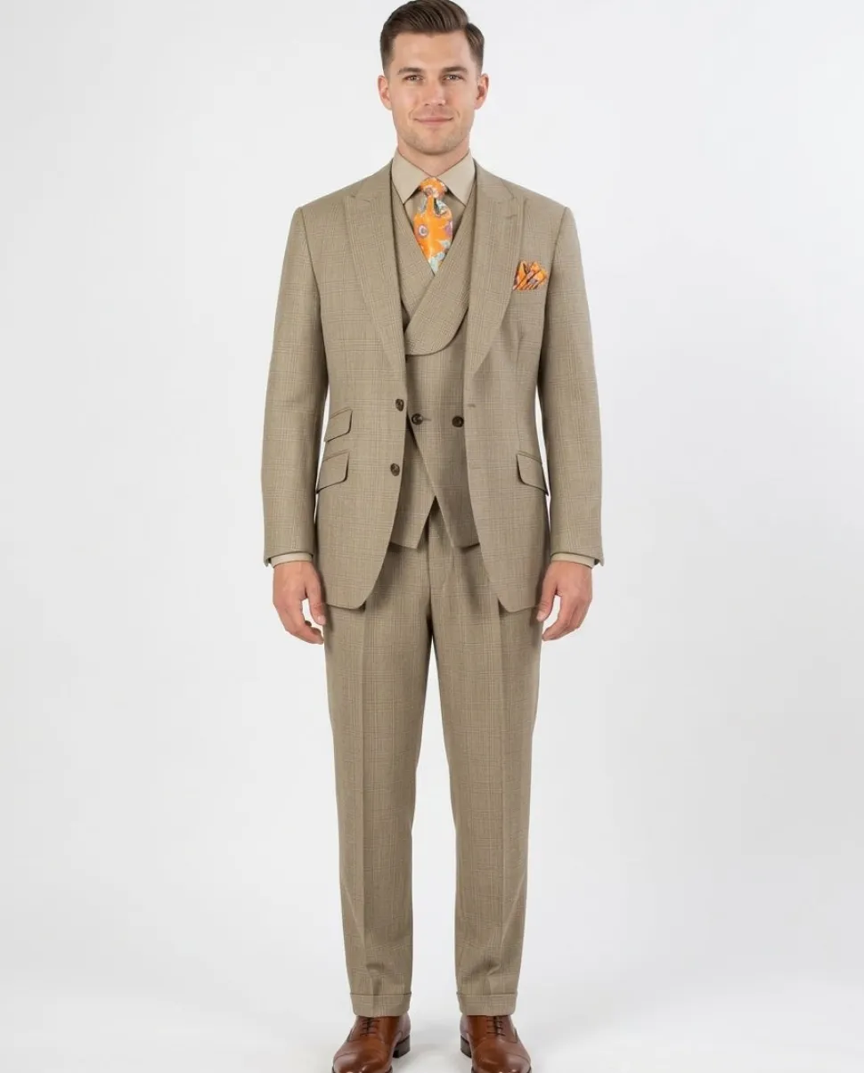 Apollo King Mens Classic Fit Tan Check 100% Wool 3 Piece Suit