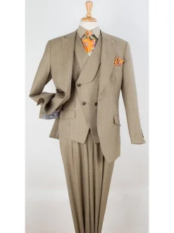 Apollo King Mens Classic Fit Tan Check 100% Wool 3 Piece Suit