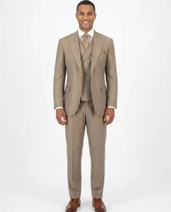 Apollo King Mens Classic Fit Tan 100% Wool 3 Piece Pleated Suit With Peak Lapels