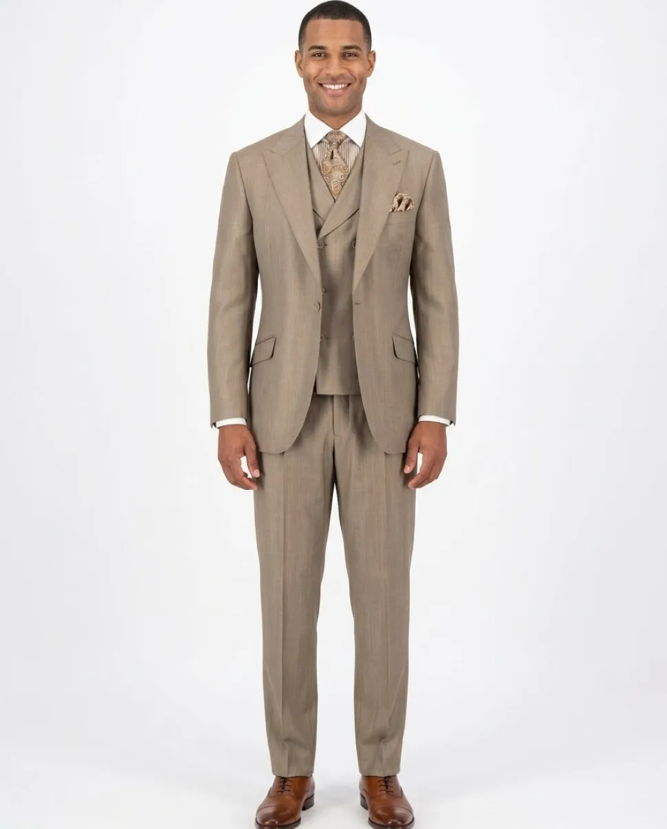 Apollo King Mens Classic Fit Tan 100% Wool 3 Piece Pleated Suit With Peak Lapels