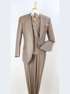 Apollo King Mens Classic Fit Tan 100% Wool 3 Piece Pleated Suit With Peak Lapels