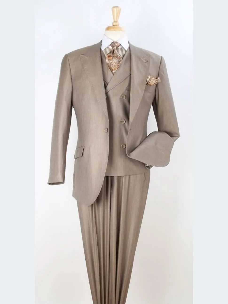 Apollo King Mens Classic Fit Tan 100% Wool 3 Piece Pleated Suit With Peak Lapels