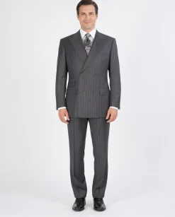 Apollo King Men's Double-Breasted Grey Pinstriped Peak Lapel Classic Fit 3-Piece Suit
