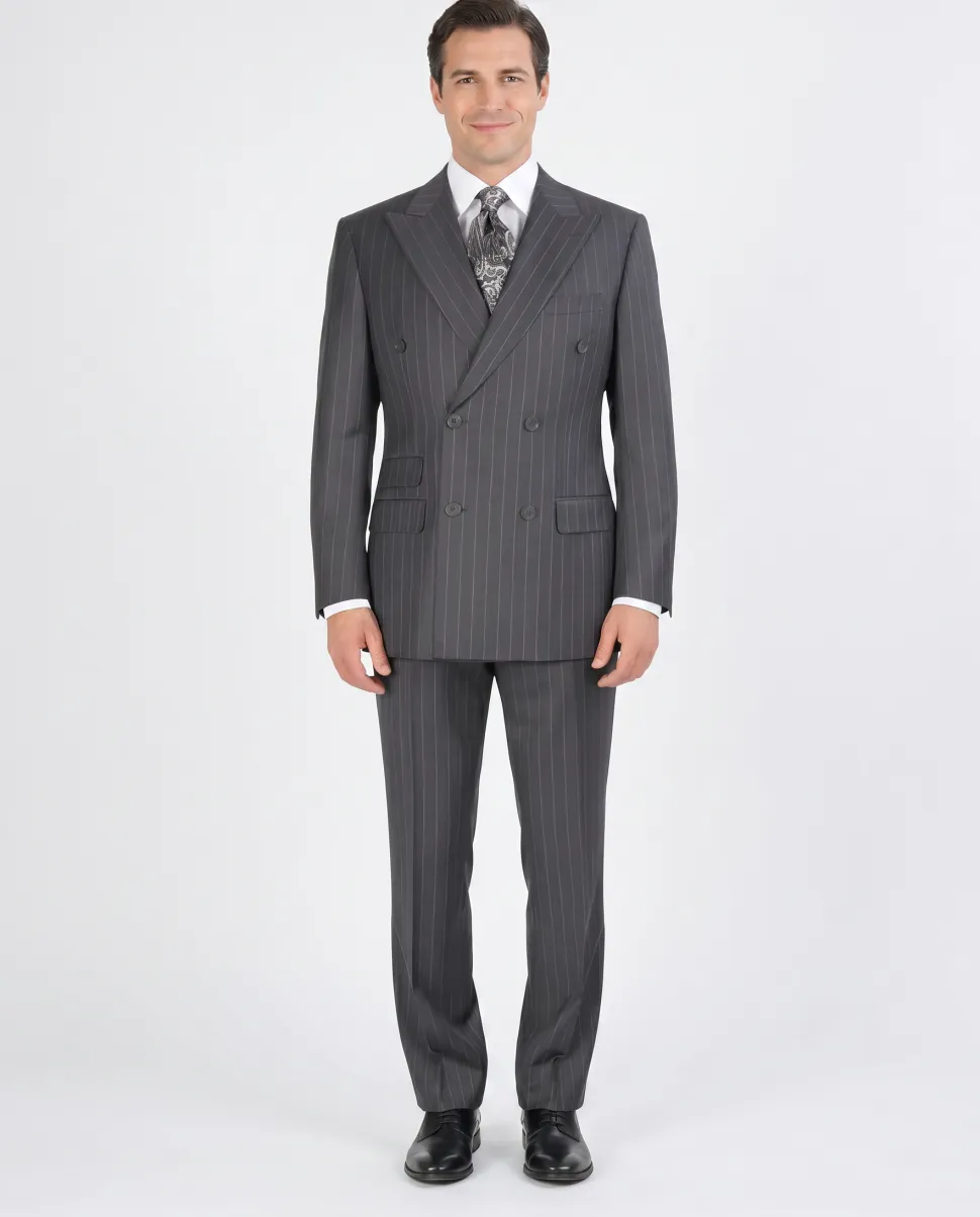 Apollo King Men's Double-Breasted Grey Pinstriped Peak Lapel Classic Fit 3-Piece Suit
