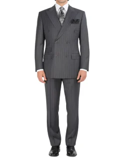Apollo King Men's Double-Breasted Grey Pinstriped Peak Lapel Classic Fit 3-Piece Suit