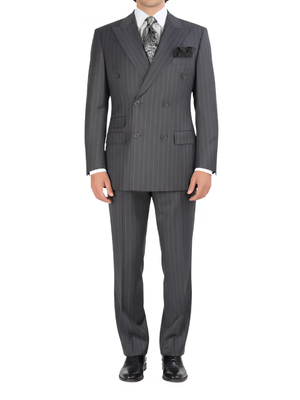 Apollo King Men's Double-Breasted Grey Pinstriped Peak Lapel Classic Fit 3-Piece Suit