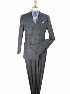 Apollo King Mens Gray Plaid Classic Fit 100% Wool Double Breasted 3 Piece Suit