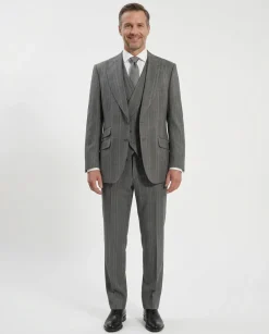 Apollo King Mens Gray Stripe Classic Fit Peak Lapel Wool 3 Piece Suit