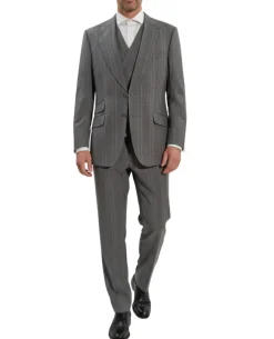 Apollo King Mens Gray Stripe Classic Fit Peak Lapel Wool 3 Piece Suit