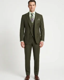 Apollo King Mens Olive Green Regular Fit 100% Wool 3 Piece Suit With Peak Lapels