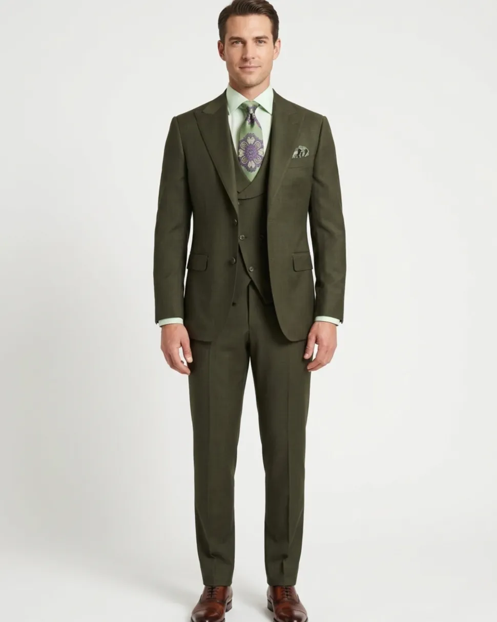Apollo King Mens Olive Green Regular Fit 100% Wool 3 Piece Suit With Peak Lapels