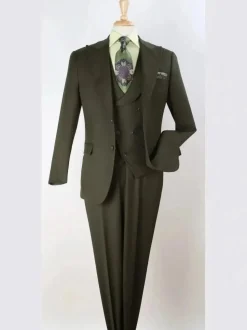 Apollo King Mens Olive Green Regular Fit 100% Wool 3 Piece Suit With Peak Lapels