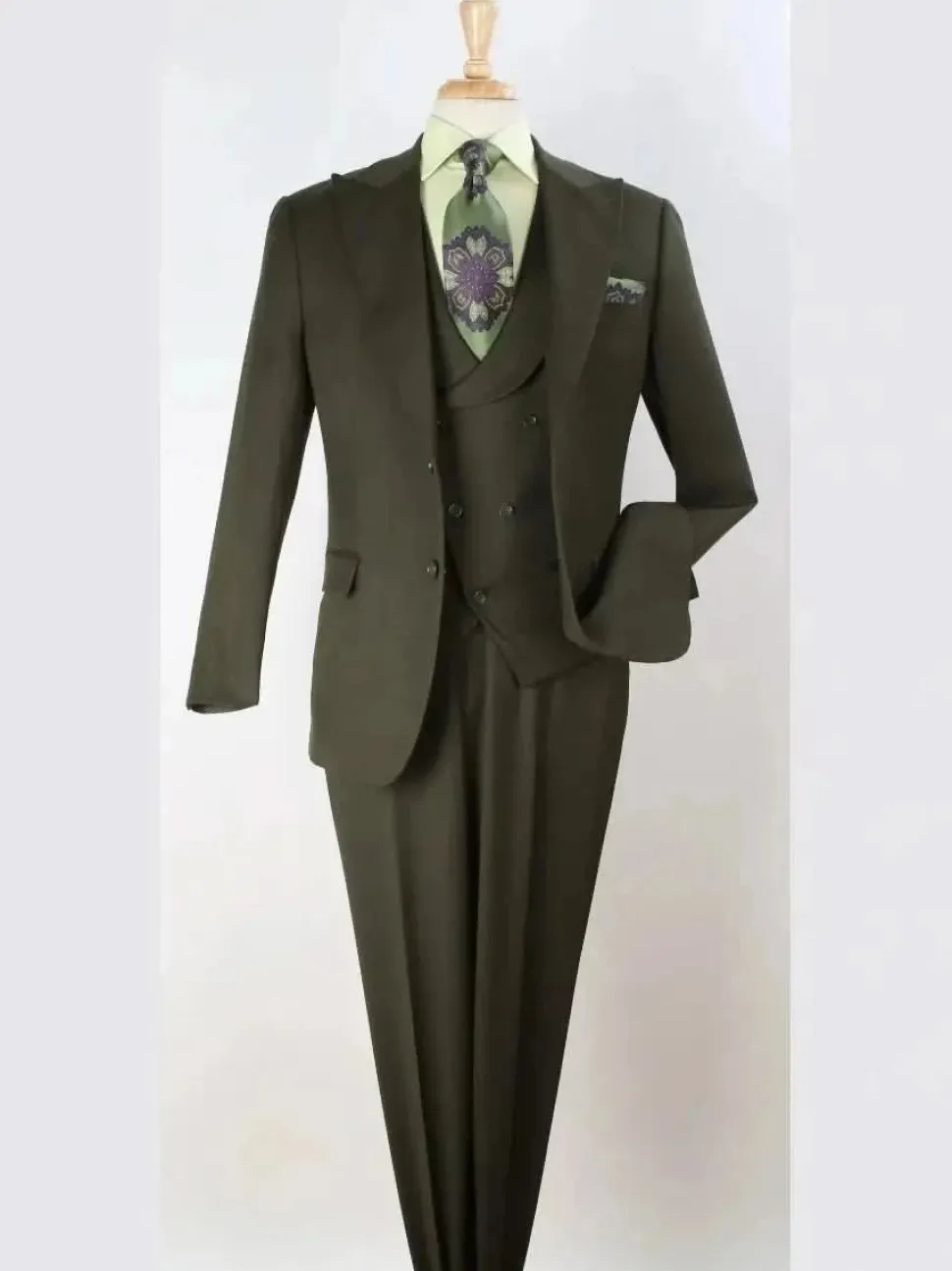 Apollo King Mens Olive Green Regular Fit 100% Wool 3 Piece Suit With Peak Lapels