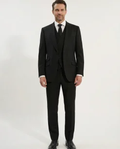 Apollo King Mens Solid Black Classic Fit Peak Lapel Wool 3 Piece Suit