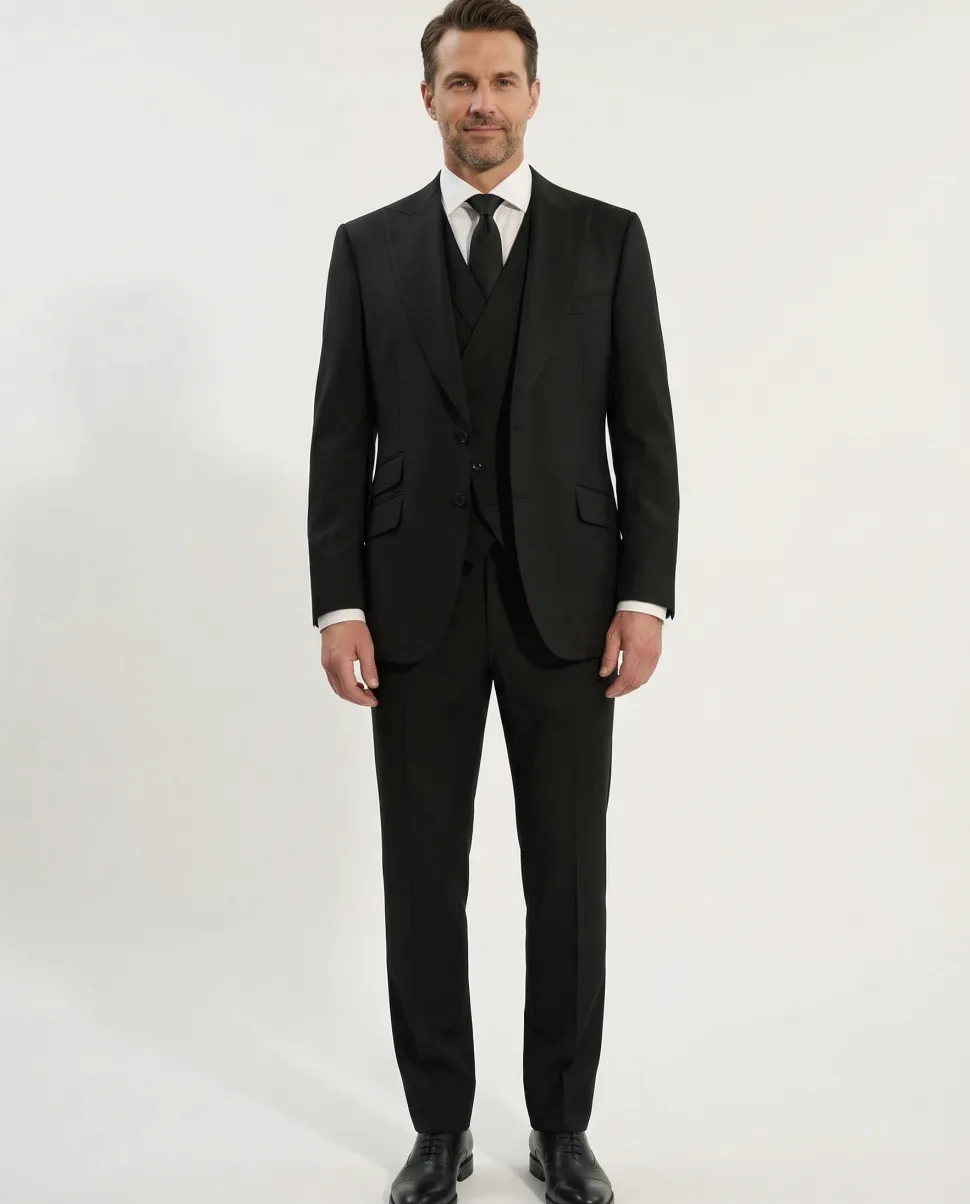 Apollo King Mens Solid Black Classic Fit Peak Lapel Wool 3 Piece Suit