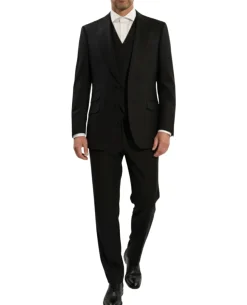 Apollo King Mens Solid Black Classic Fit Peak Lapel Wool 3 Piece Suit