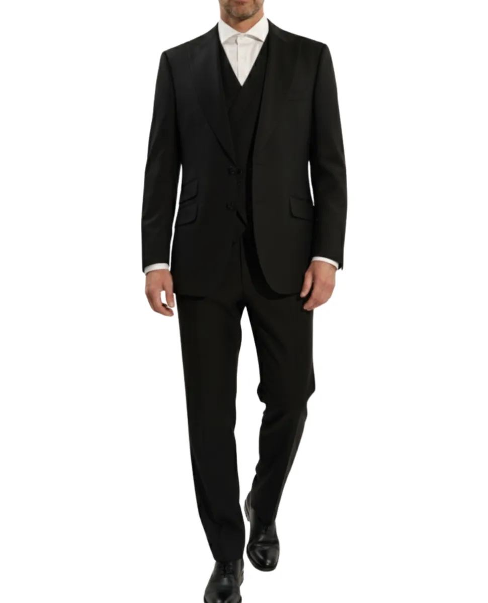 Apollo King Mens Solid Black Classic Fit Peak Lapel Wool 3 Piece Suit